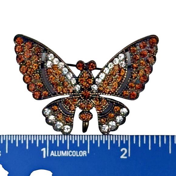 Vintage Orange Black Clear Rhinestone Glass Gold Tone Butterfly Old C-Clasp - Picture 6 of 6